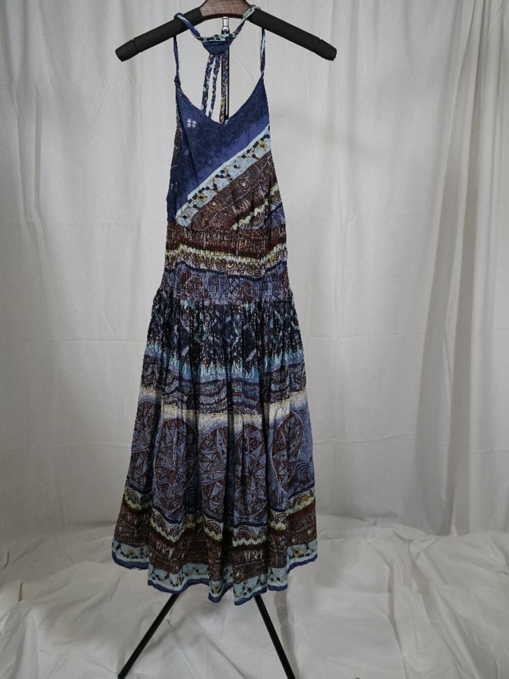 Camee’s Boho Halter Midi Dress M 100% Cotton India Strappy Back Tribal Print